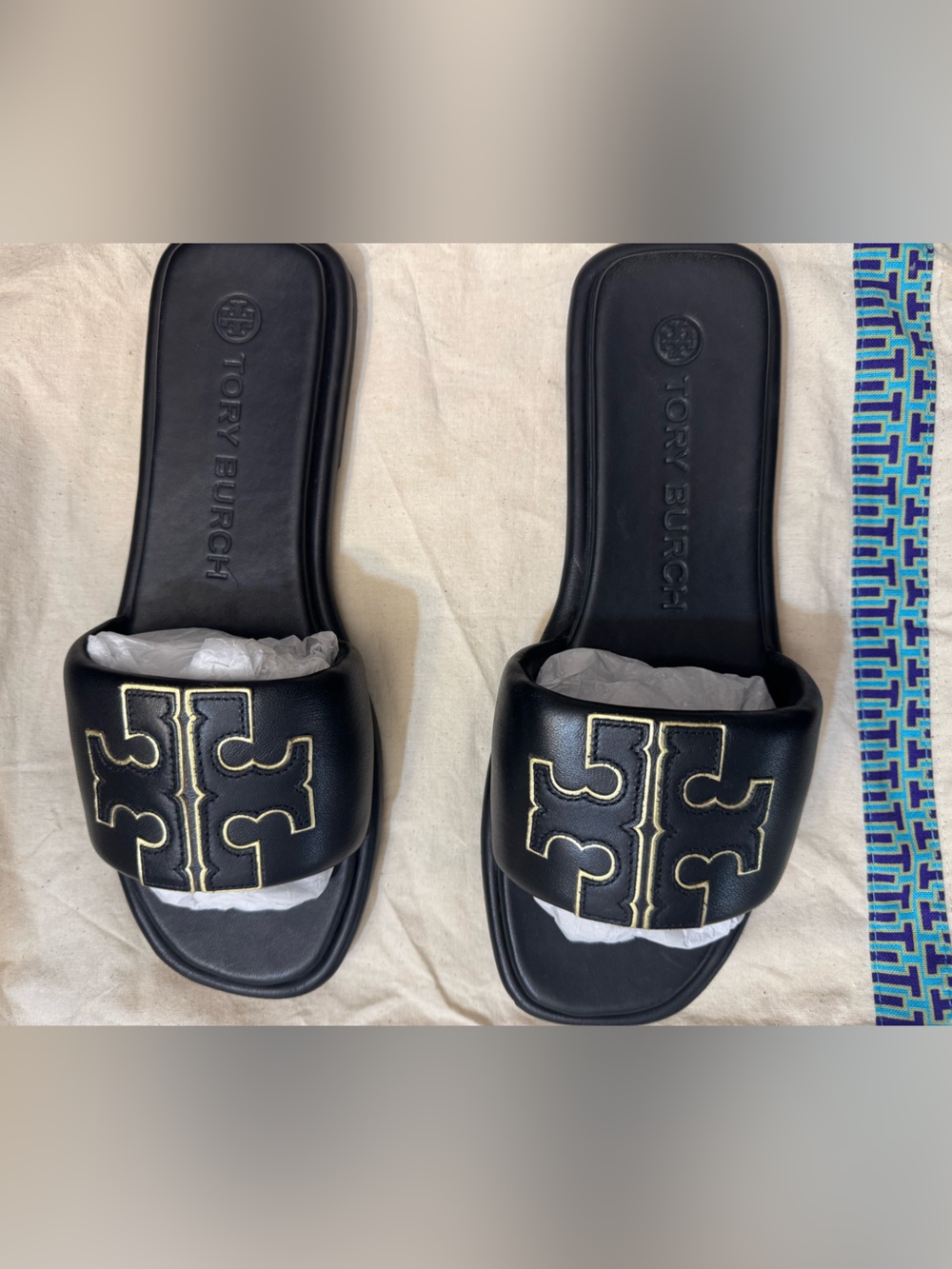Tory Burch black Double T slides